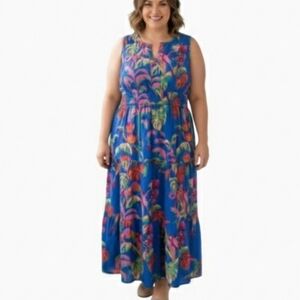 Meadow Rhodes Maxi Dress Sleeveless Boho Size 3X Blue Tropical New With Tags